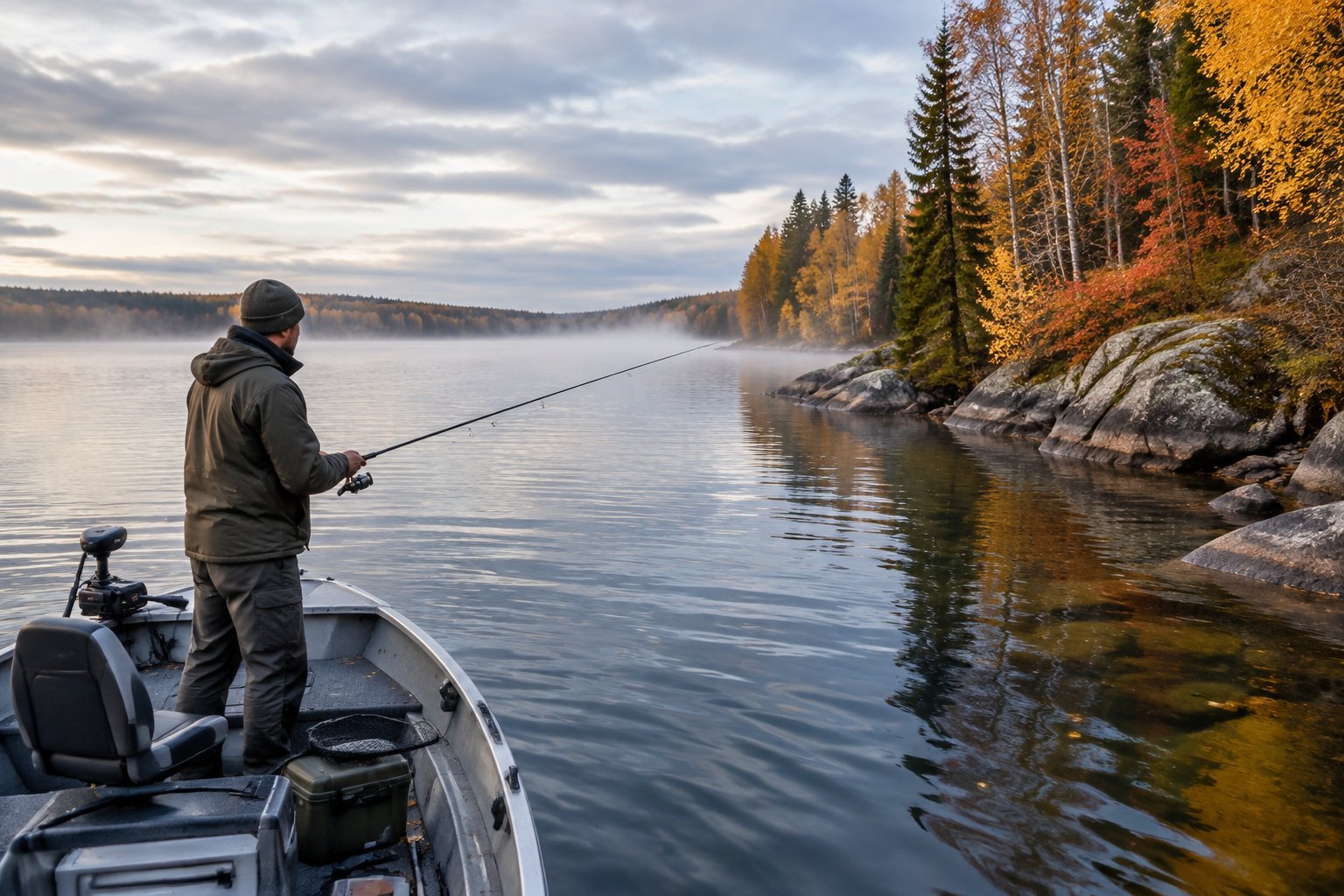 An angler fishes from a small boat on a misty autumn lake.