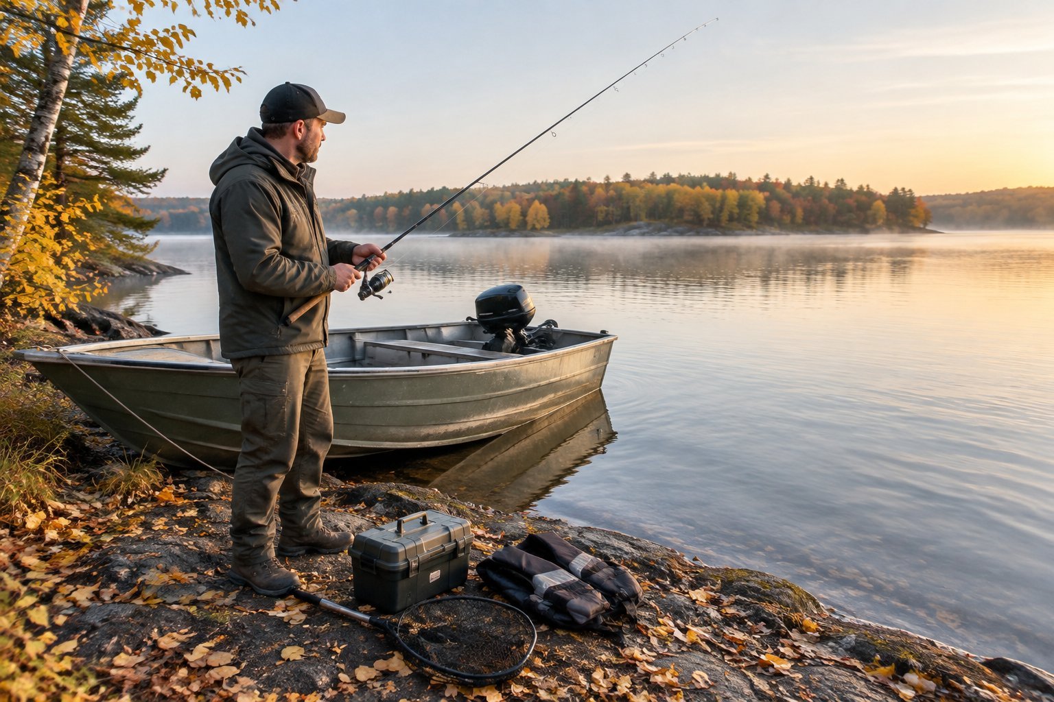 An angler prepares basic fishing gear beside a small boat on a calm autumn lake.