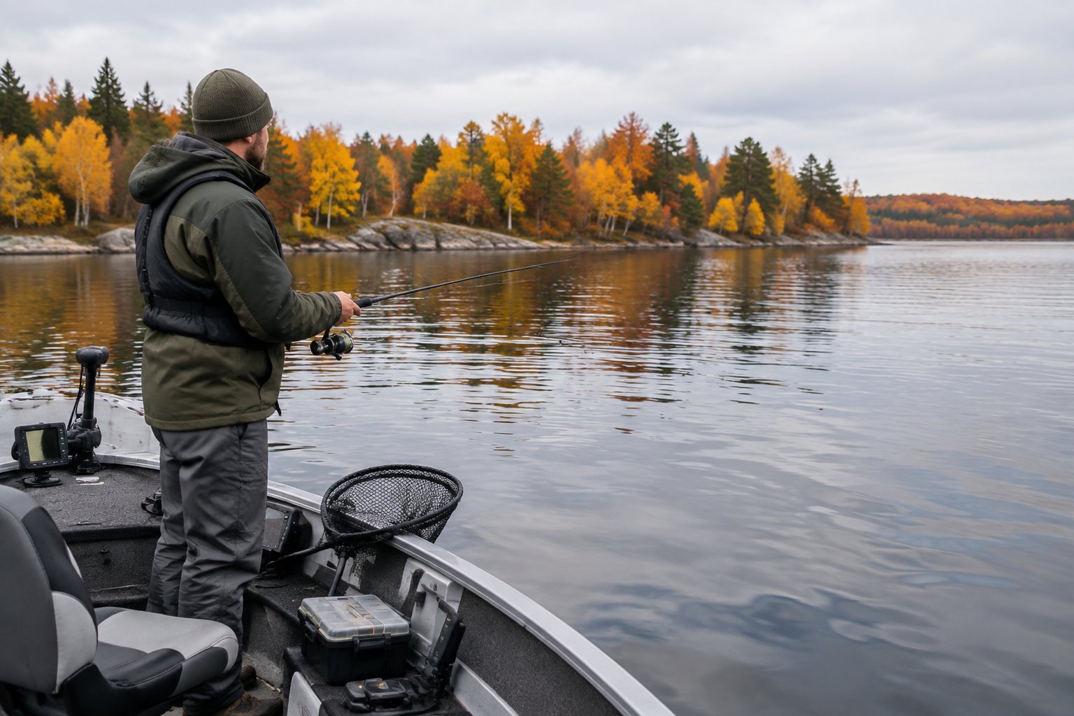 An angler fishes from a small boat on a calm lake surrounded by autumn trees.