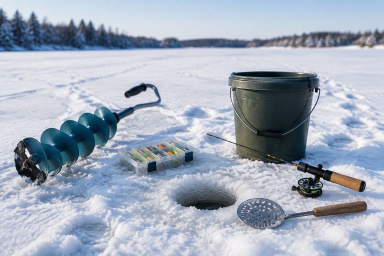 Ice fishing equipment arranged beside a hole in a frozen lake.
