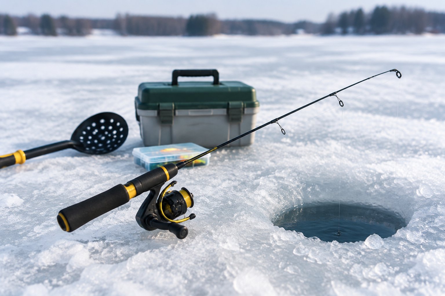 An ice-fishing rod and reel beside a hole in a frozen lake.