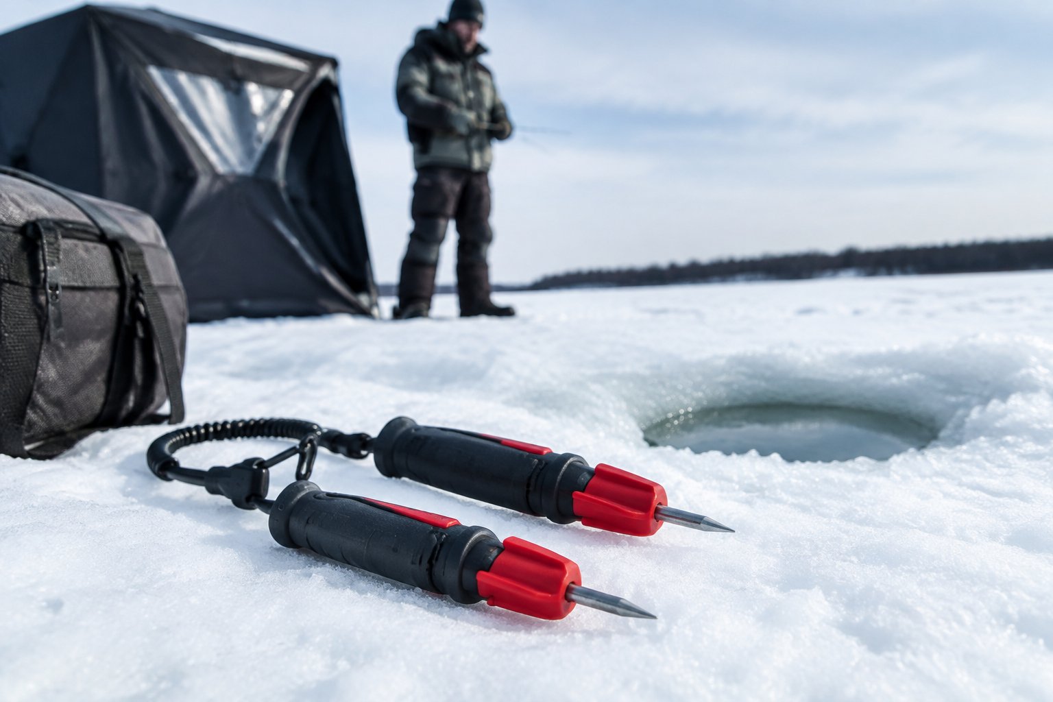 Retractable ice picks rest on the snow beside an ice-fishing hole, with an angler in the background.