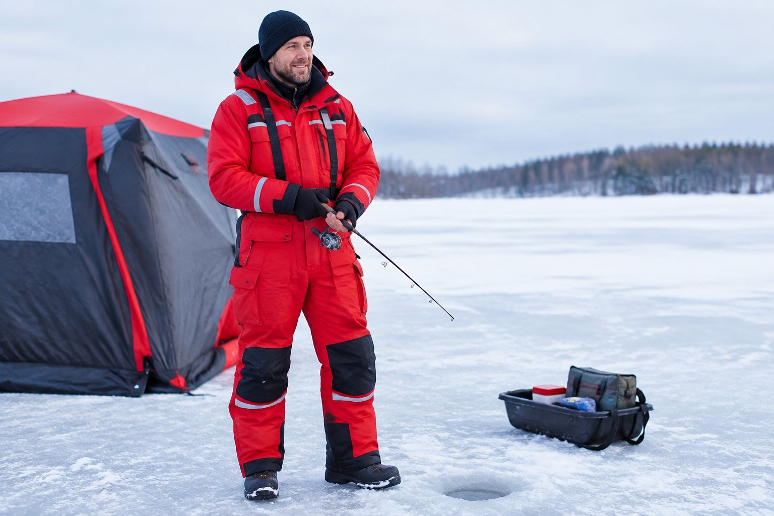An ice angler in a red jacket and bib stands beside a fishing hole on a frozen lake.