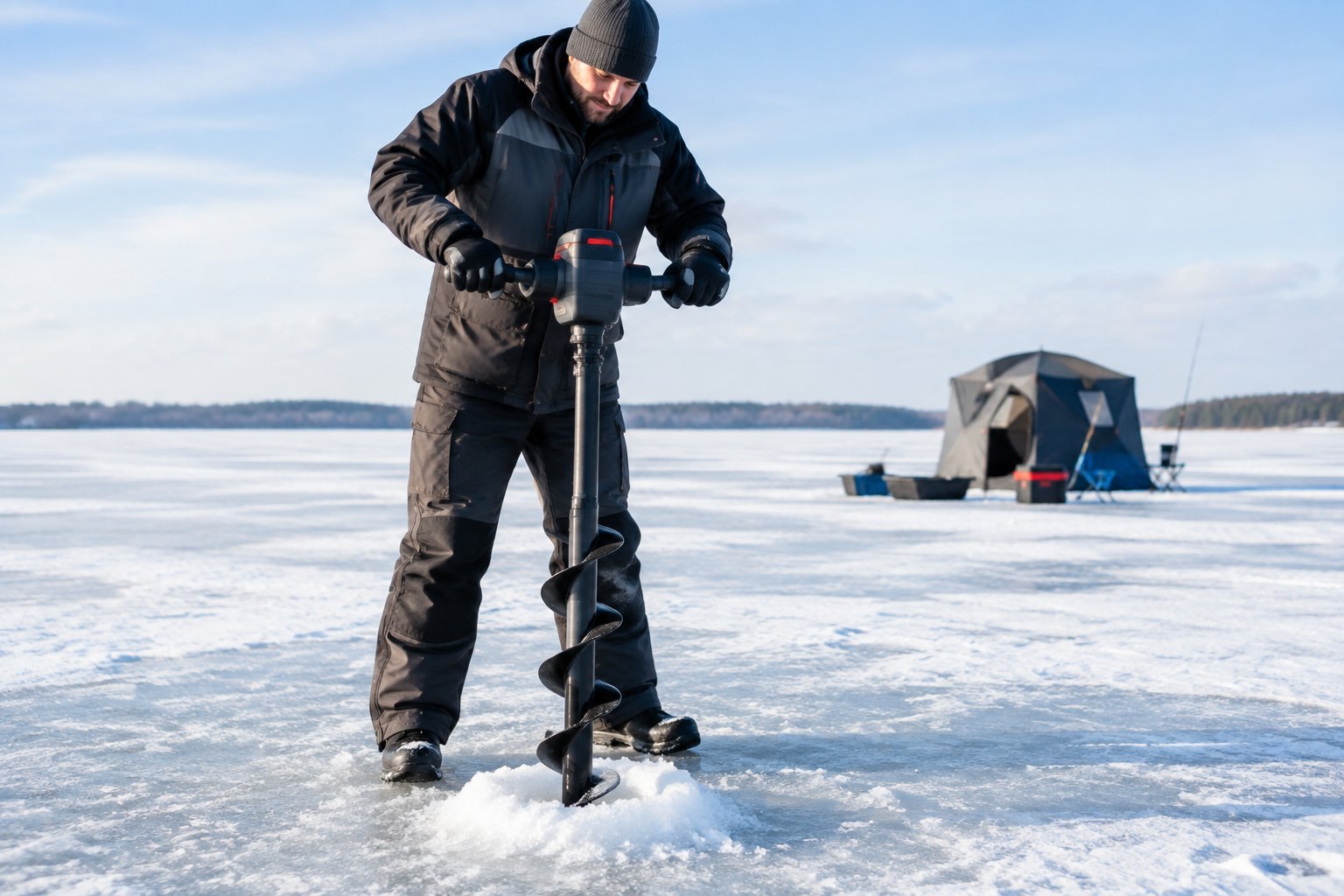 An angler uses a compact ice auger to drill a hole in a frozen lake.