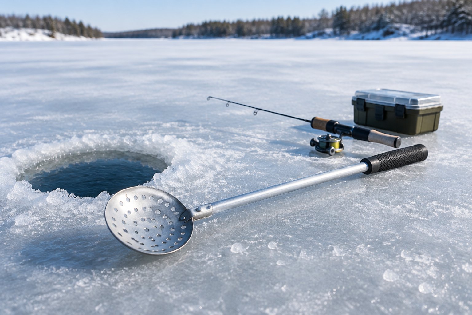 An ice scoop and fishing gear beside a hole in a frozen lake.