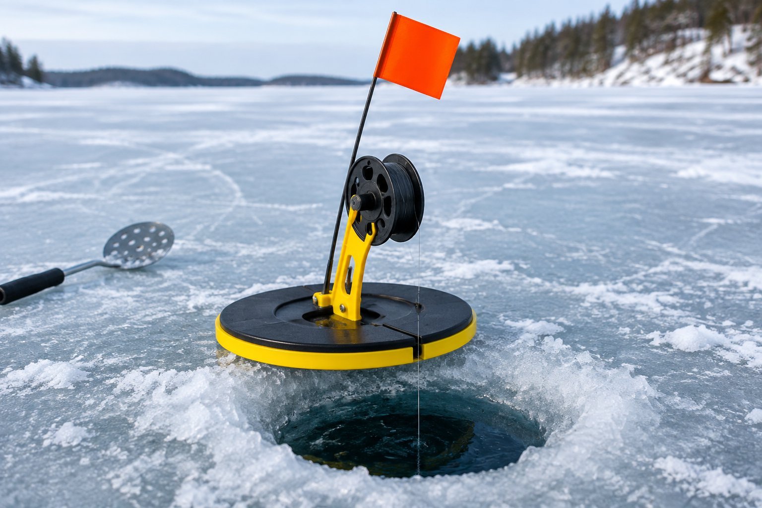A tip-up fishing device stands beside a hole in a frozen lake.