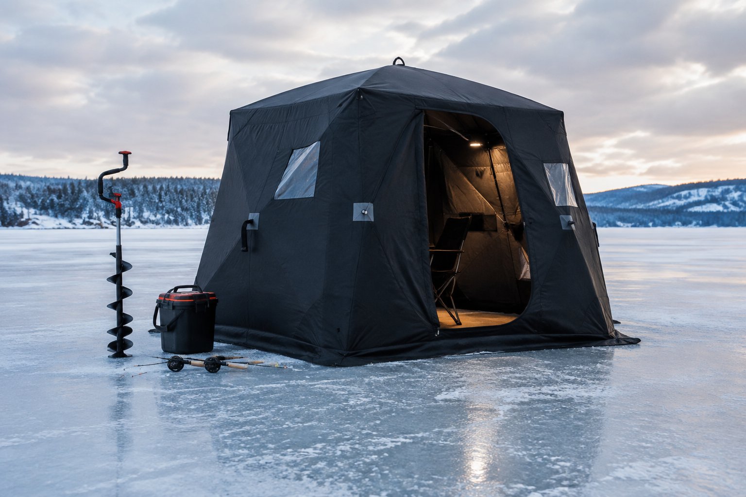 An insulated ice fishing shelter stands on a frozen lake beside fishing equipment.