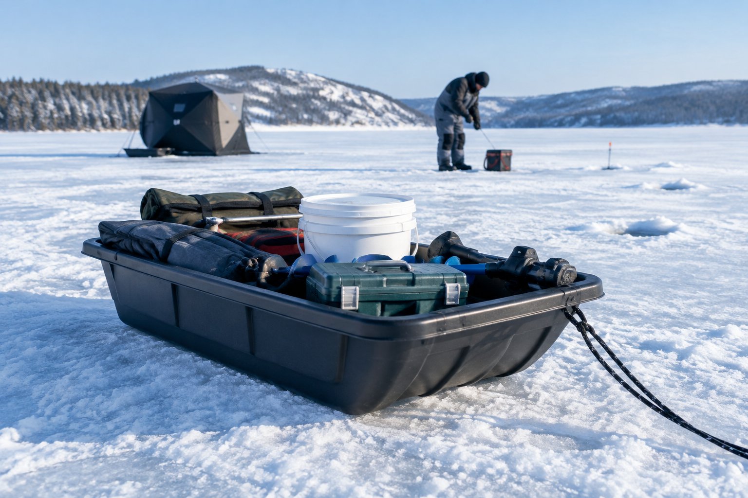A compact sled carrying ice-fishing gear on a frozen lake.