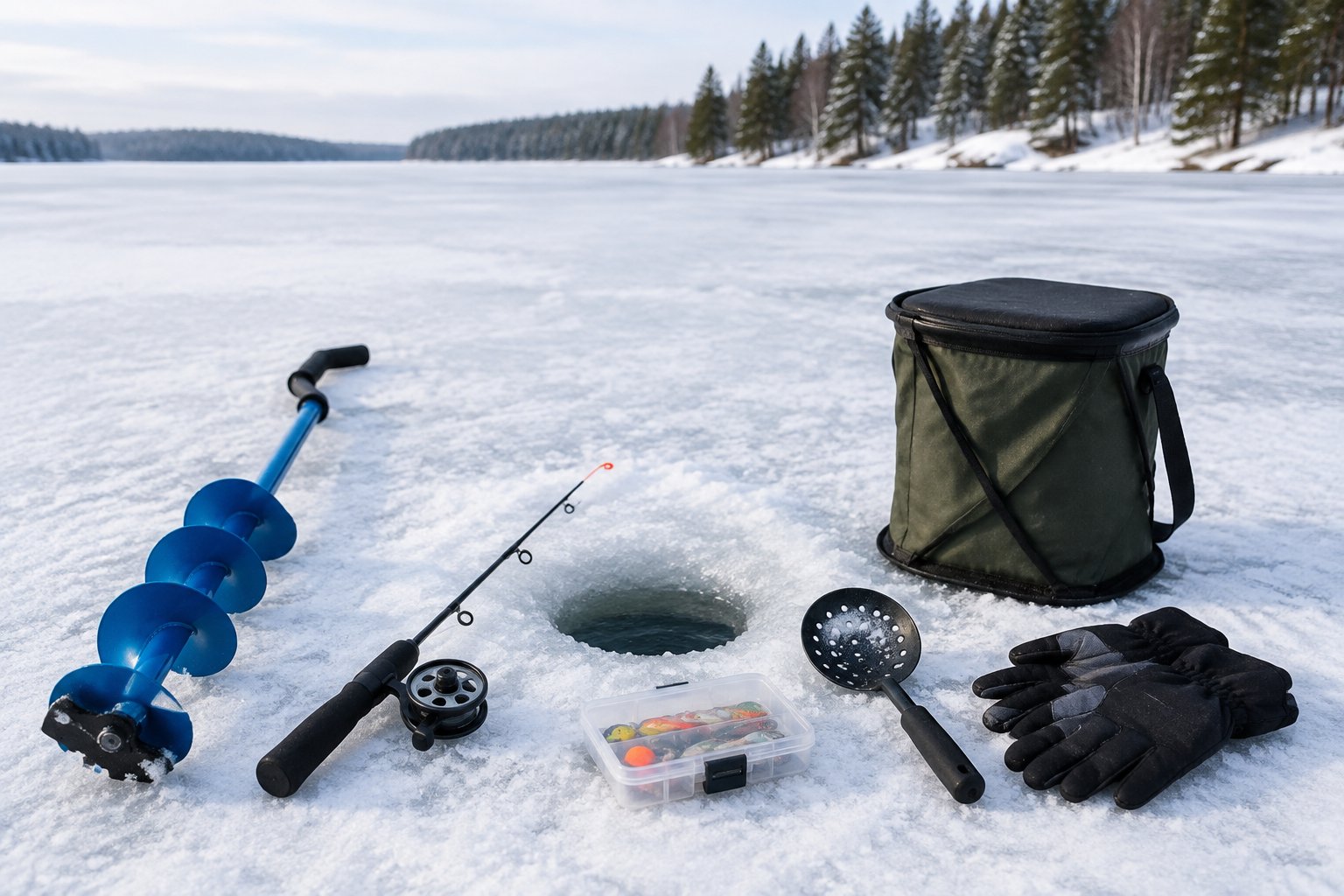 A compact ice fishing kit arranged beside a hole in a frozen lake.