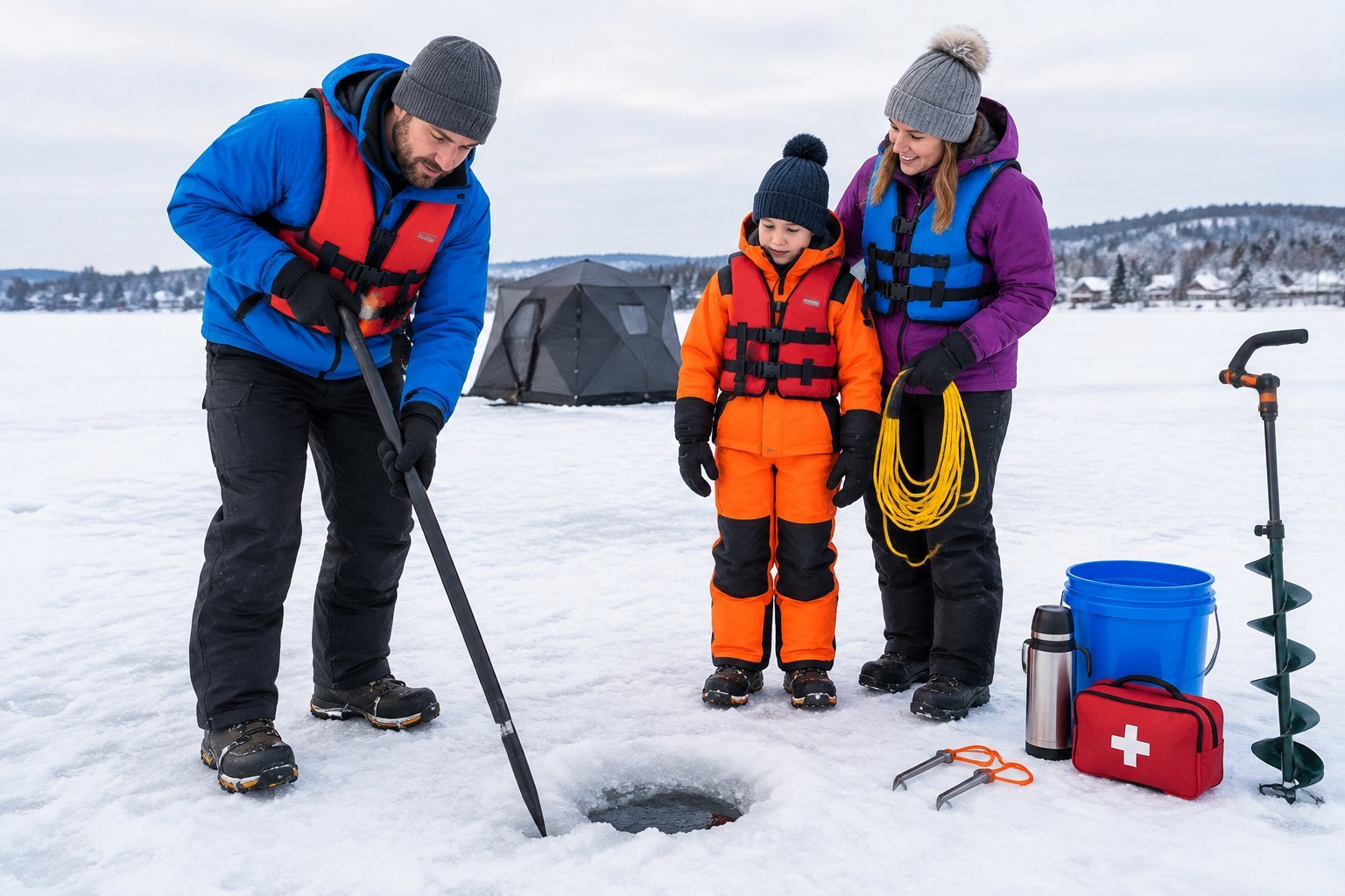 A family in winter clothing checks ice-fishing safety gear beside a hole in a frozen lake.