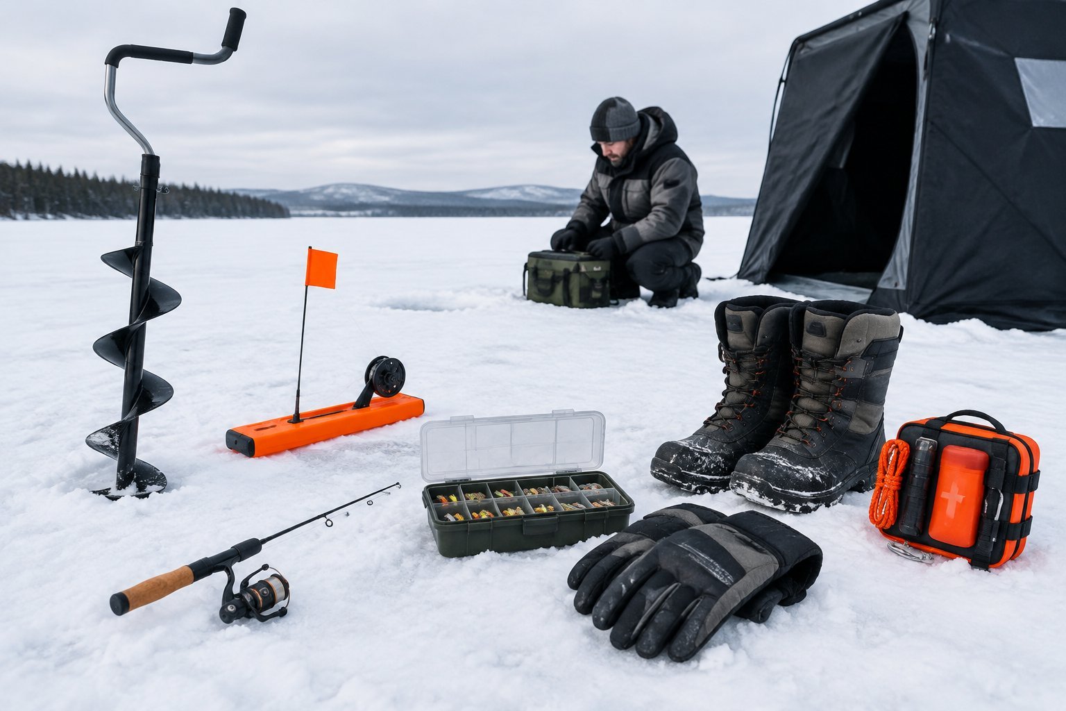 Ice fishing gear arranged on the snow beside a frozen lake.