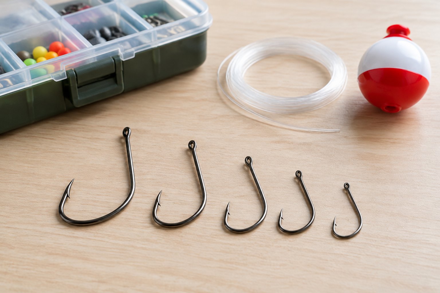 An assortment of fishing hooks arranged beside a bobber, fishing line, and tackle box.