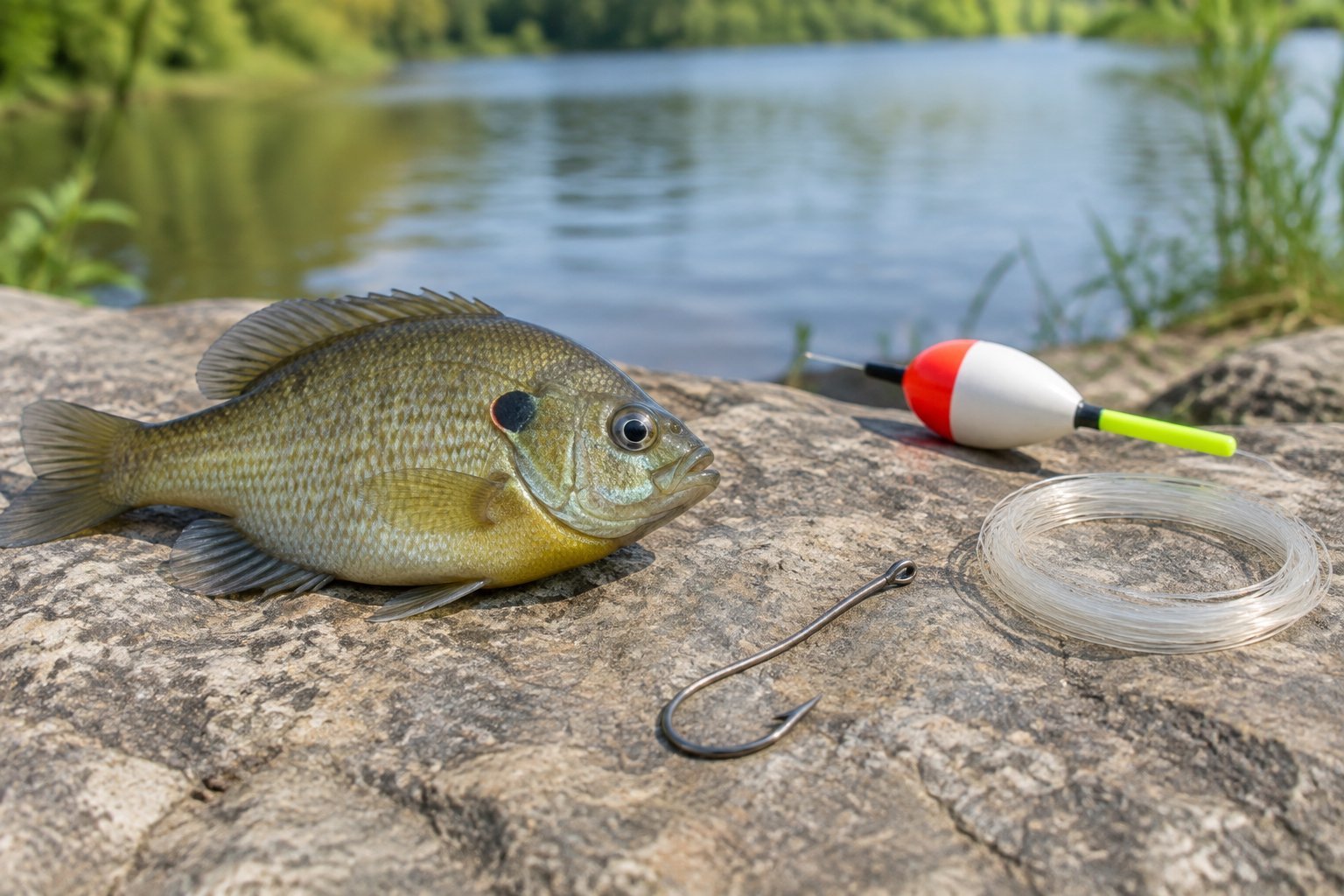 A small Aberdeen hook beside a bluegill near the water.