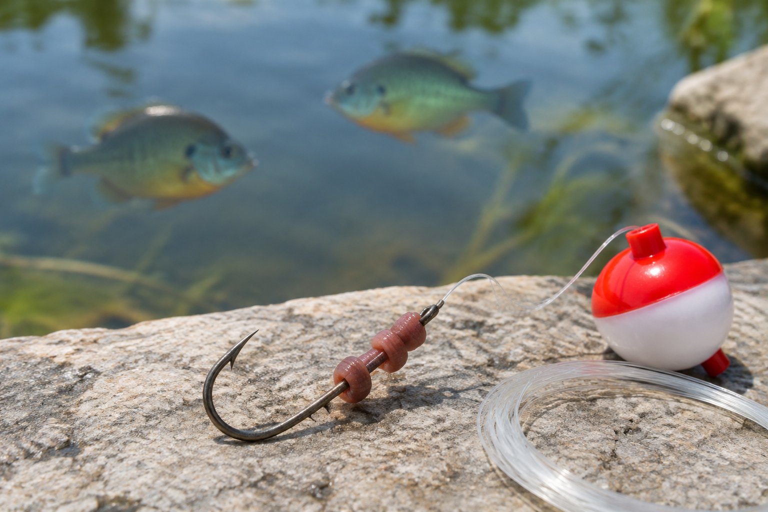A baited baitholder hook rests beside fishing line and a bobber near calm water where bluegill and sunfish swim.