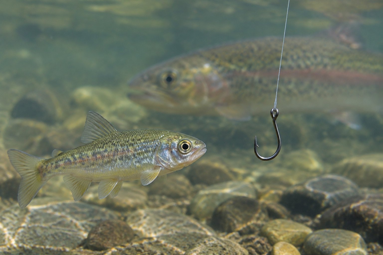 An octopus hook and a small baitfish in freshwater, with a trout in the background.