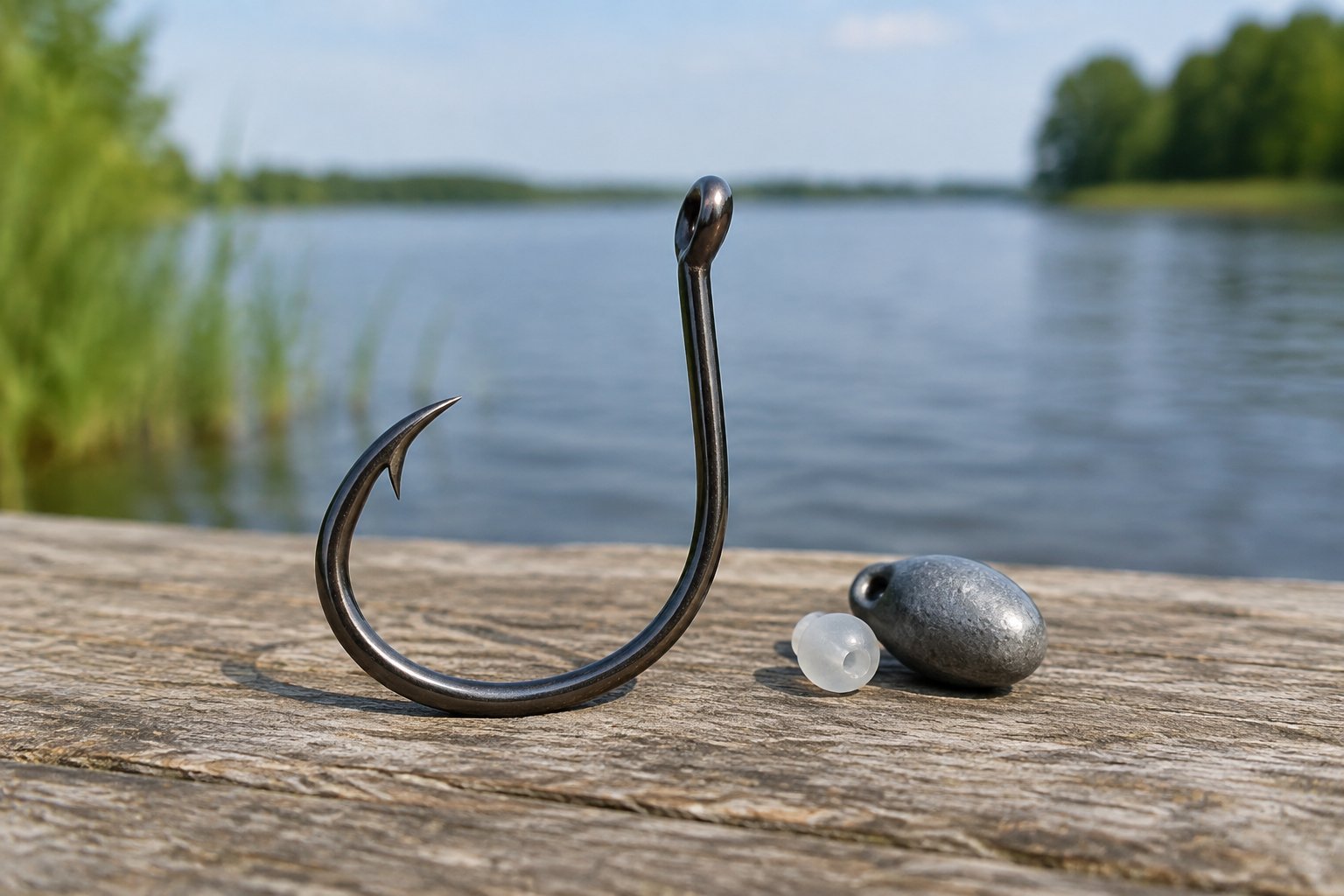 A circle fishing hook beside simple tackle.