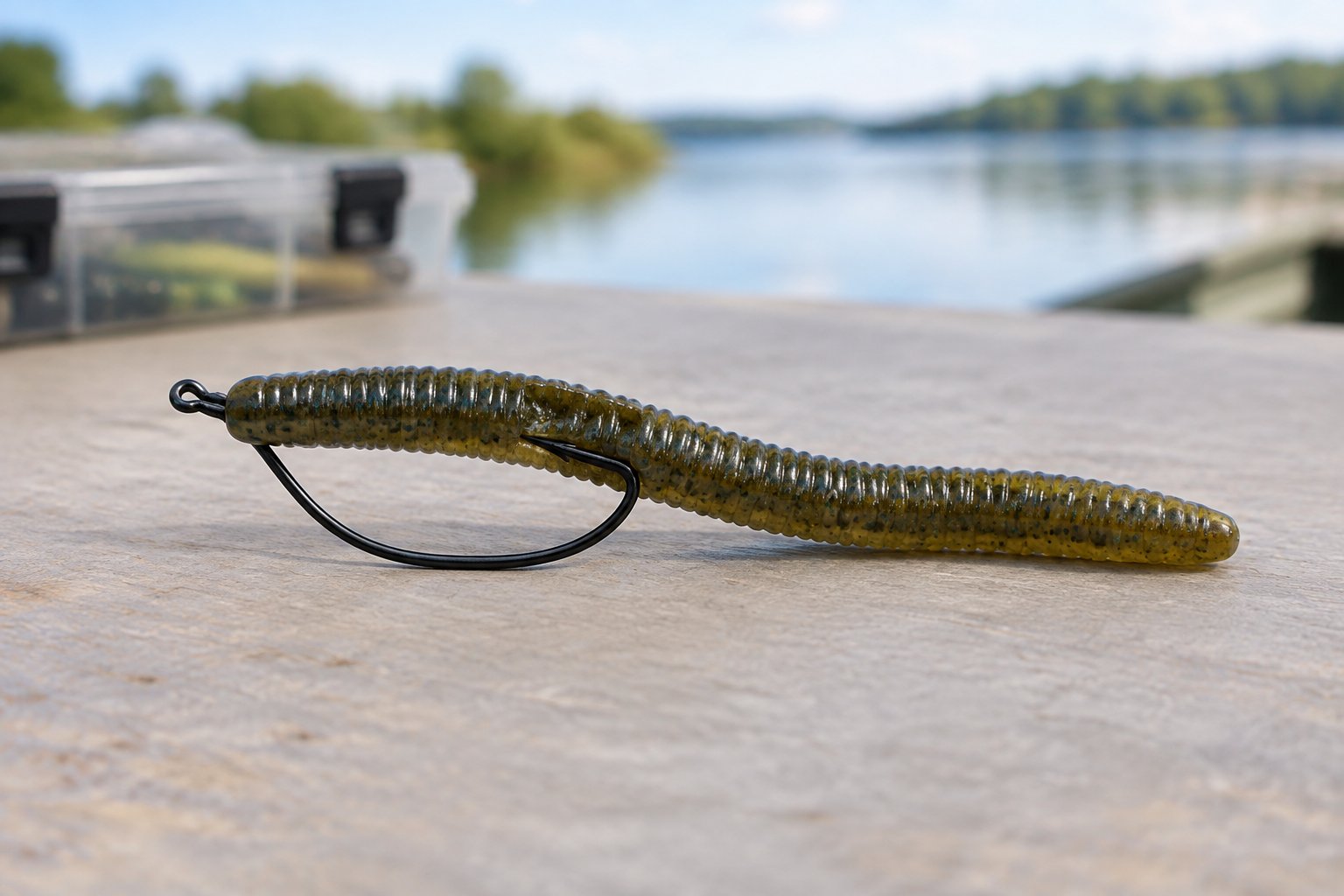 An EWG hook rigged weedless with a soft plastic worm.