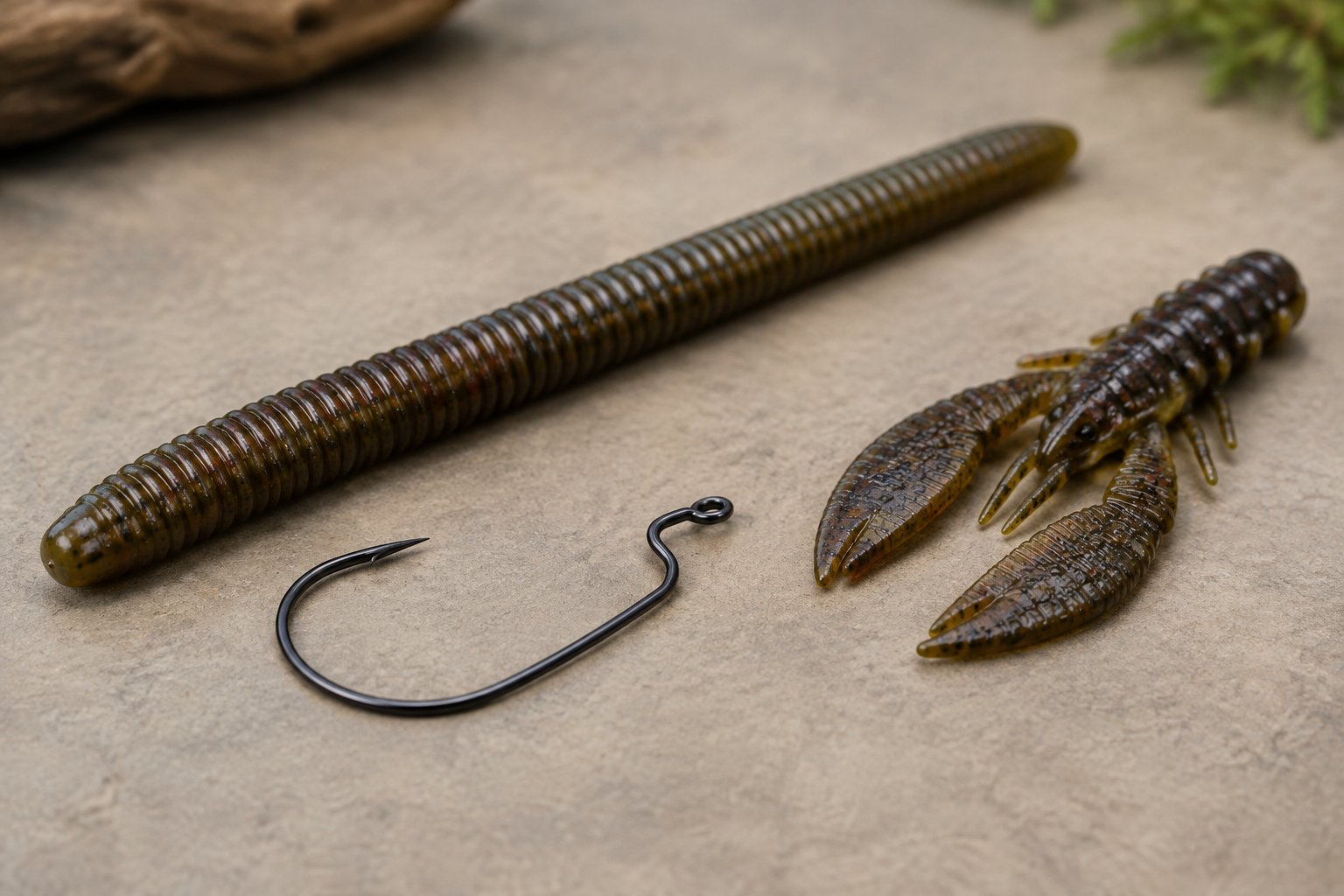 A wide-gap fishing hook beside a large soft-plastic worm and craw lure.