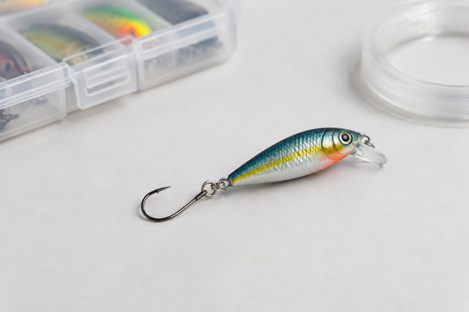A small fishing lure fitted with a single inline hook rests beside fishing line.