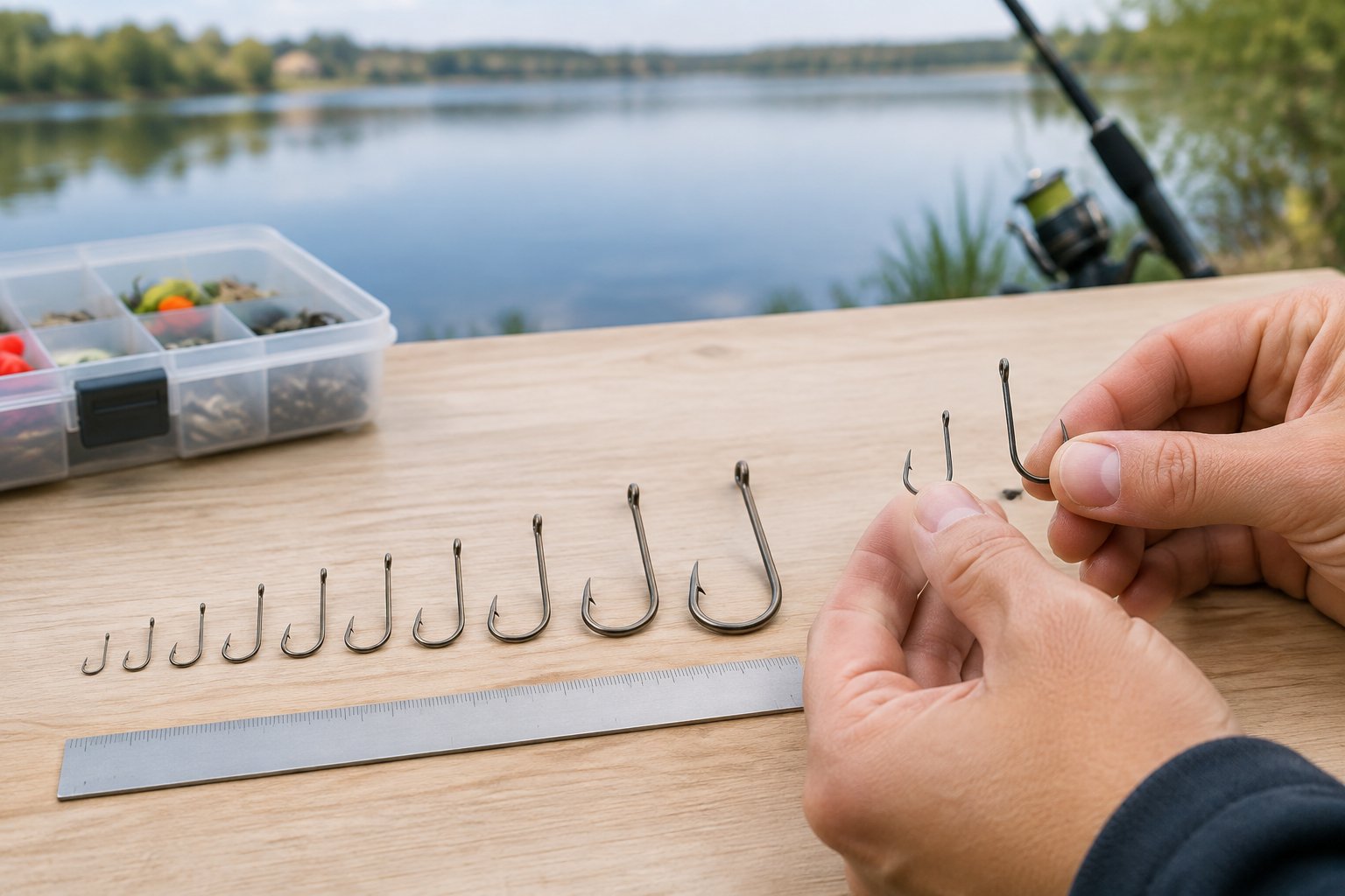 A beginner compares fishing hooks of different sizes on a wooden table.