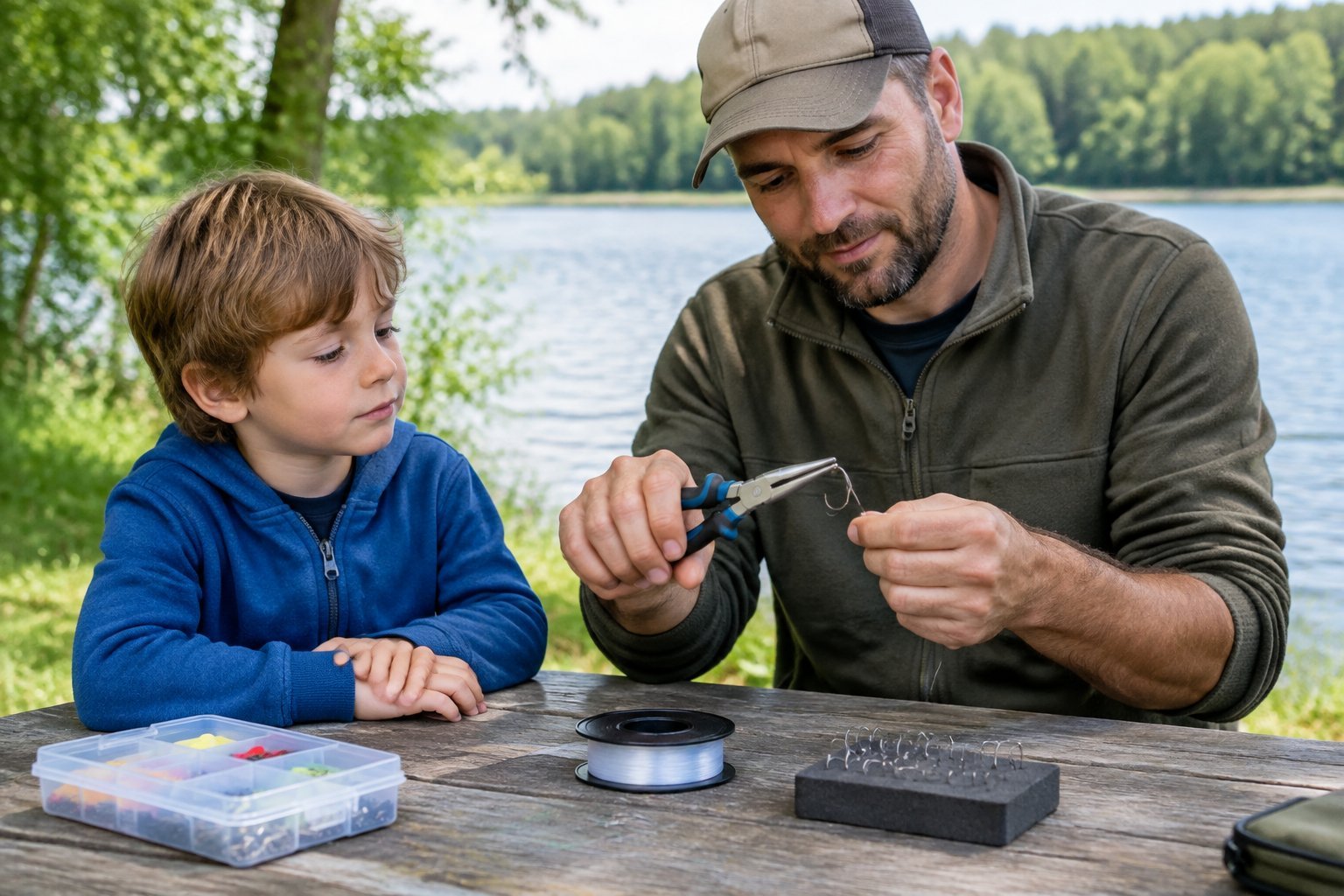 An adult uses pliers to show a child how to handle a fishing hook safely.