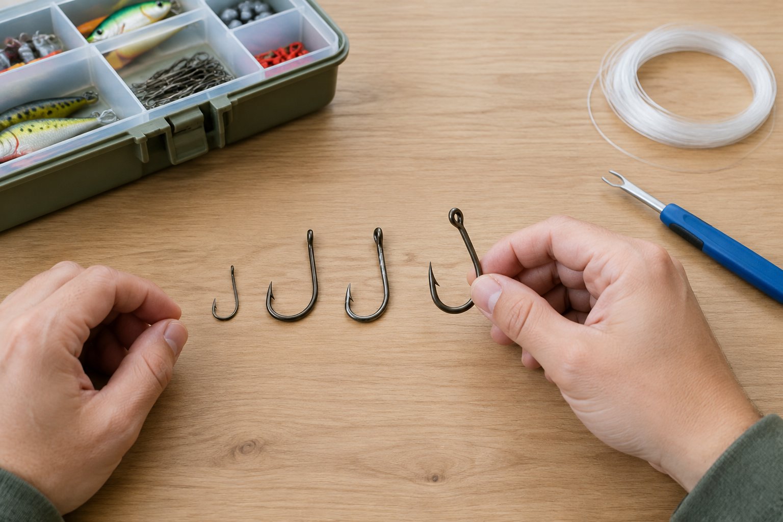 Several fishing hooks arranged beside a tackle box on a wooden table.