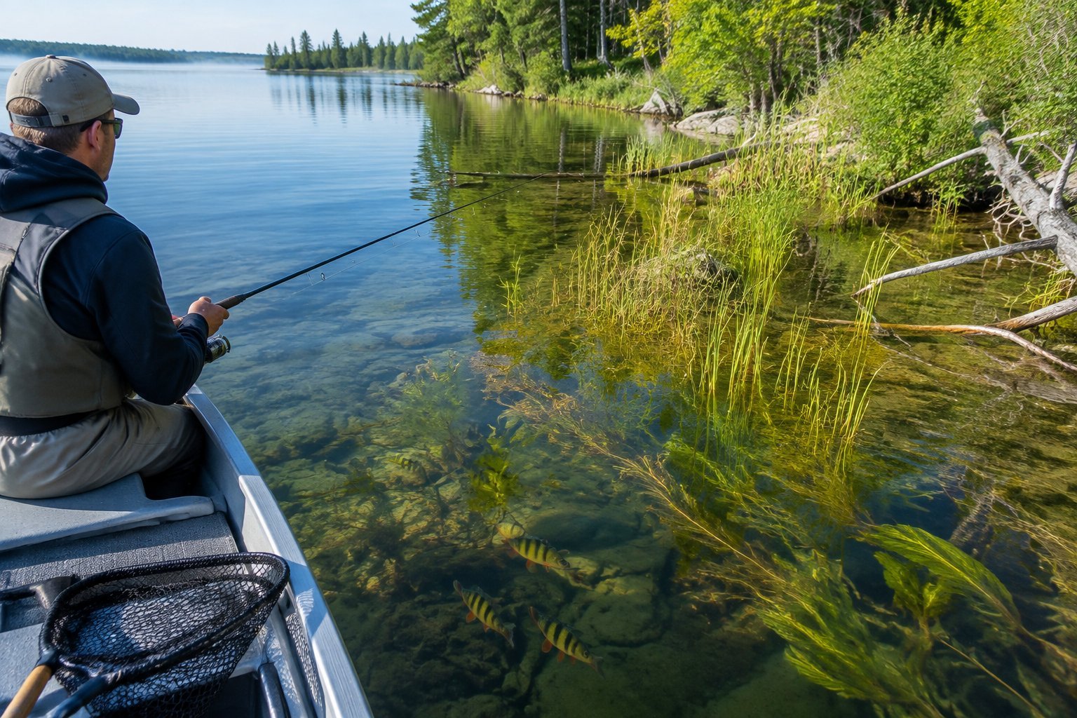 An angler casts near reeds and submerged plants along a calm freshwater lake.