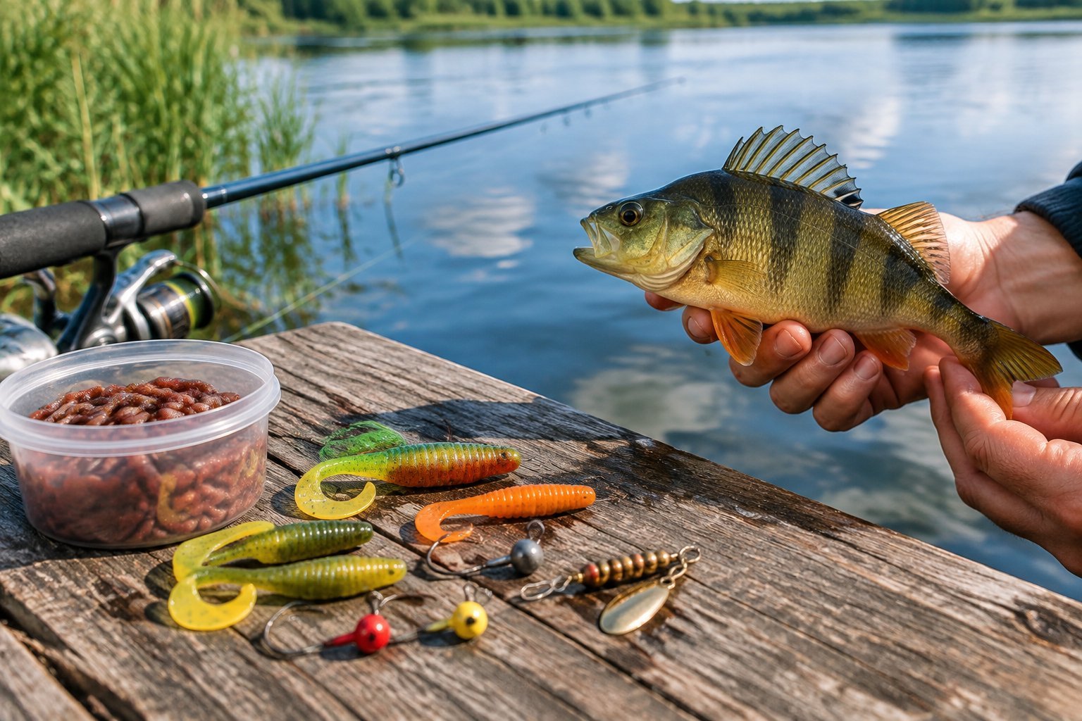 Fishing lures and bait arranged beside a perch on a lakeside dock.