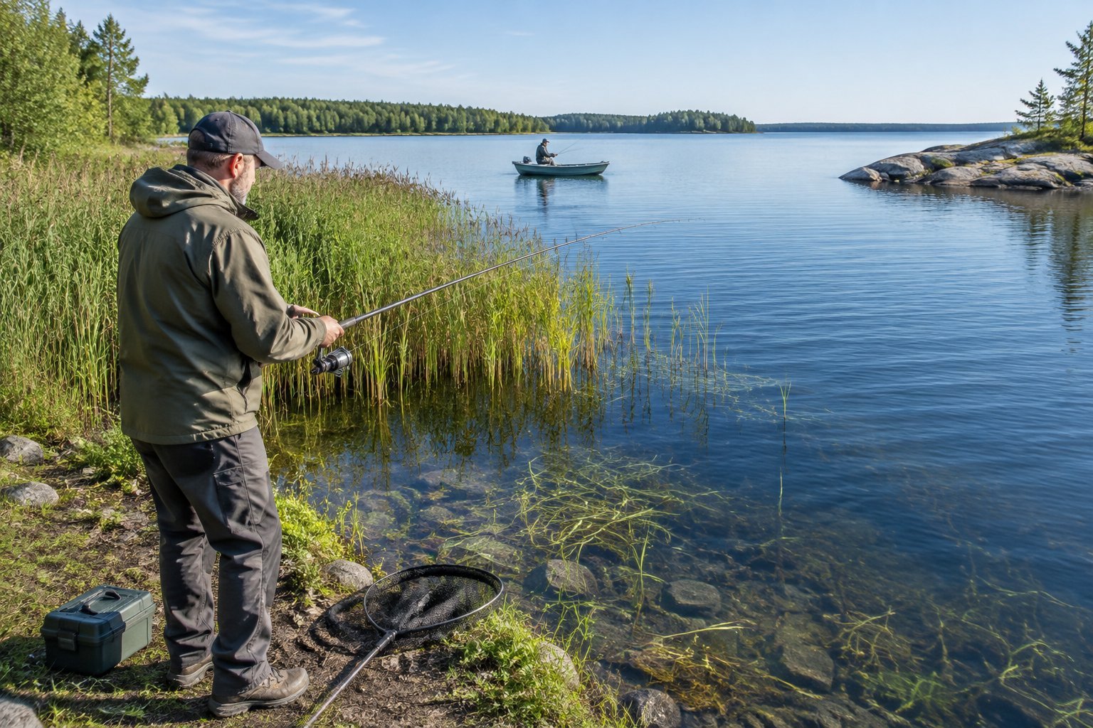 An angler casts from a reedy lakeshore while another fishes from a small boat.