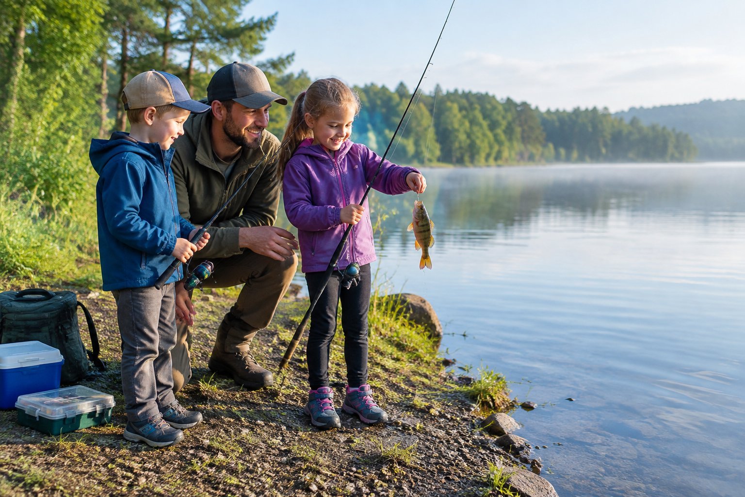 A parent helps two children fish for perch beside a calm lake.