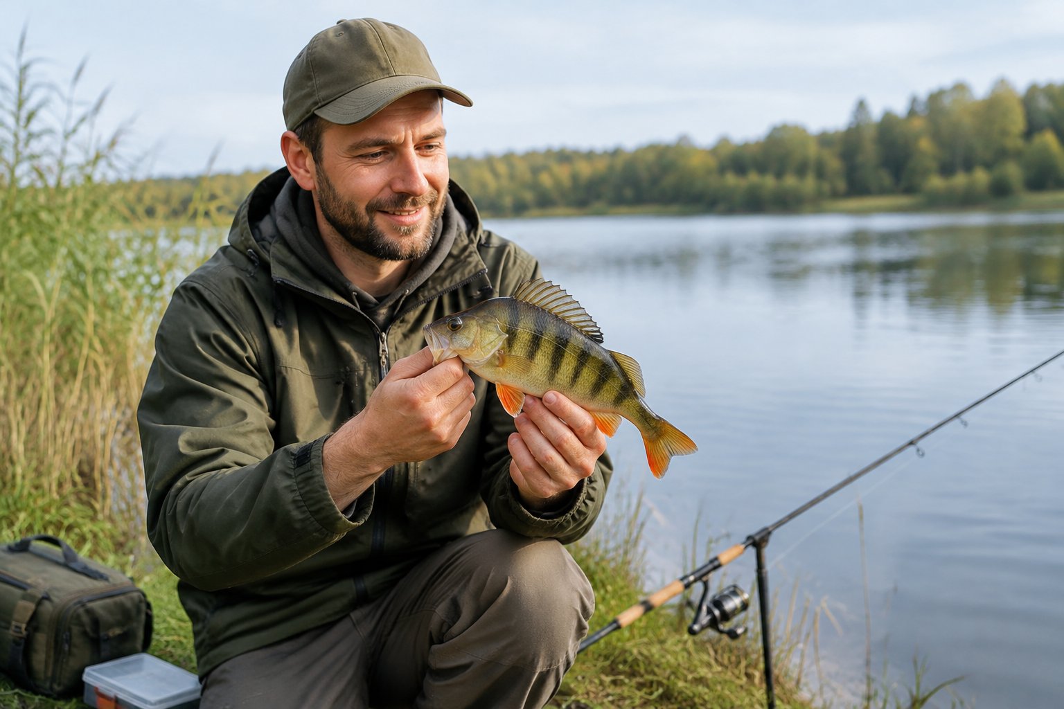 An angler holds a perch beside a freshwater lake.