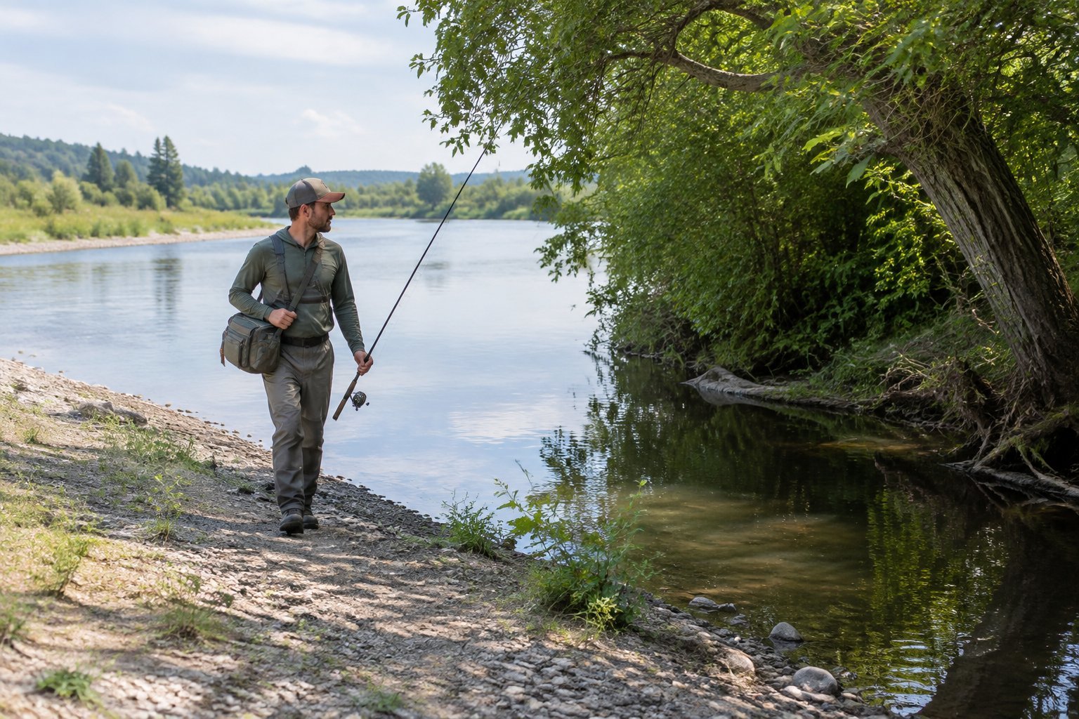 An angler carries a fishing rod from an open riverbank toward a sheltered spot beneath nearby trees.
