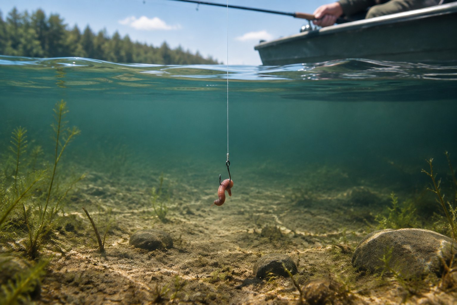 A fishing bait hangs just above the bottom of a lake.