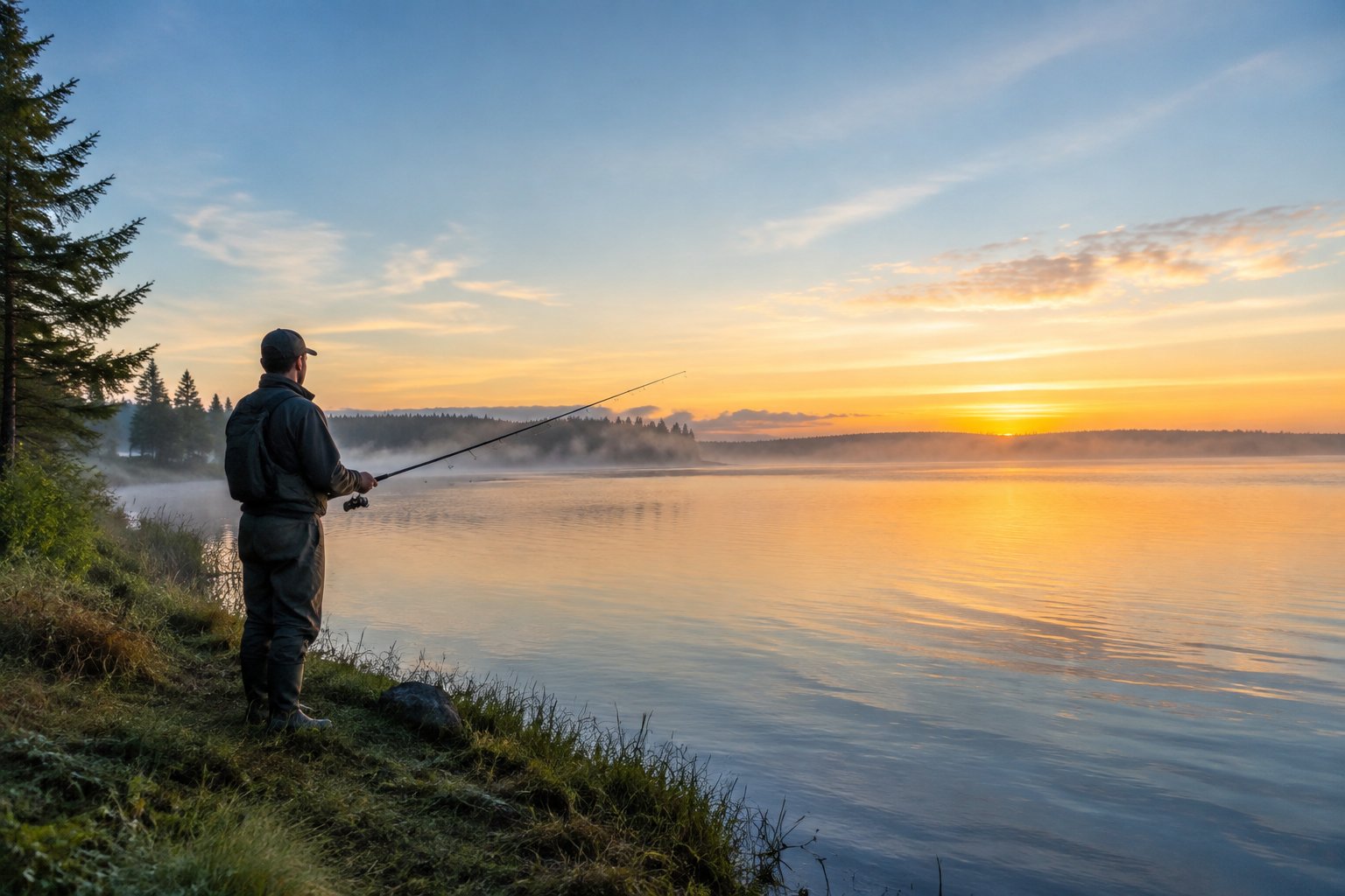 An angler casts a fishing rod into a quiet lake at sunrise.