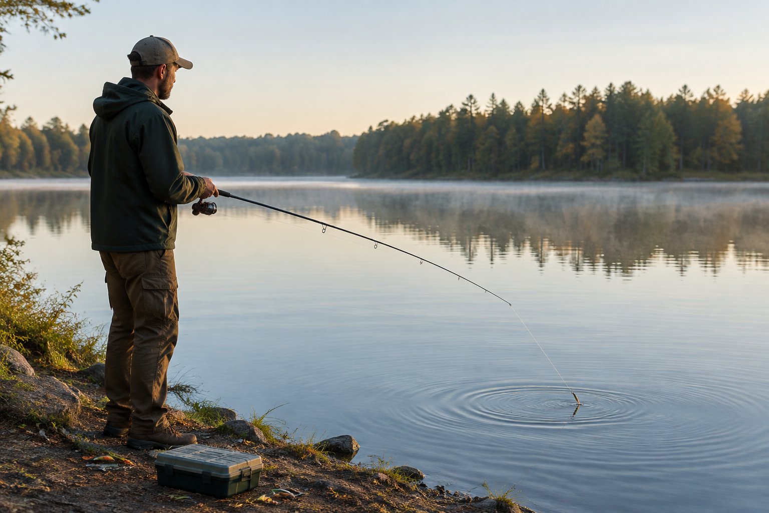 An angler slowly reels in a line beside a quiet lake.
