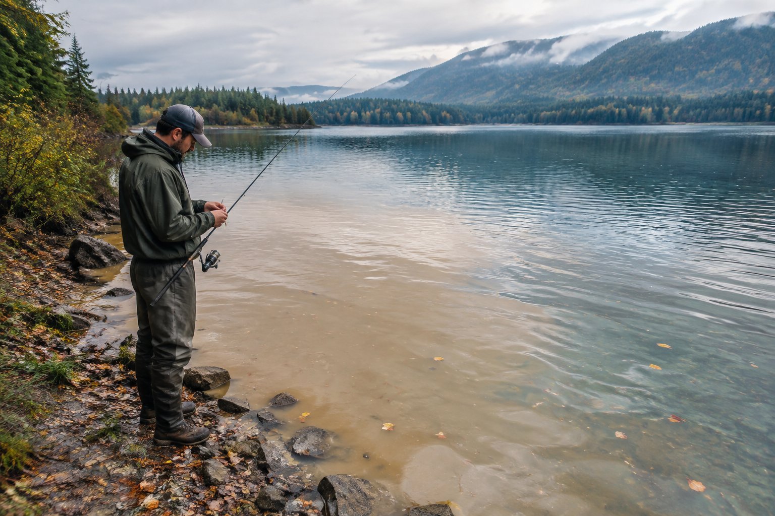 An angler studies the changing water at a lakeshore while adjusting fishing tackle.