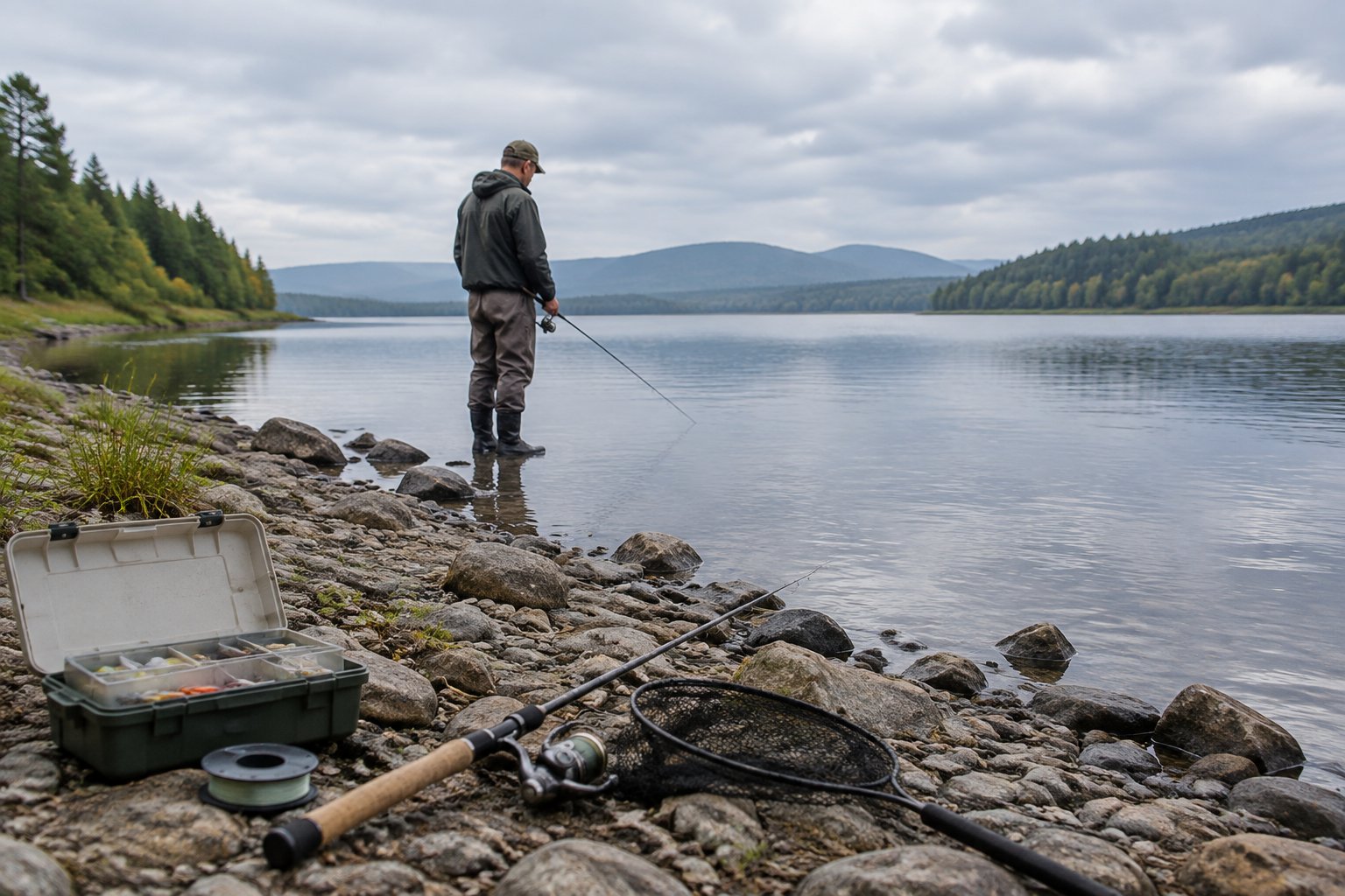 An angler stands beside a calm lake with lowered fishing gear and no fish in sight.