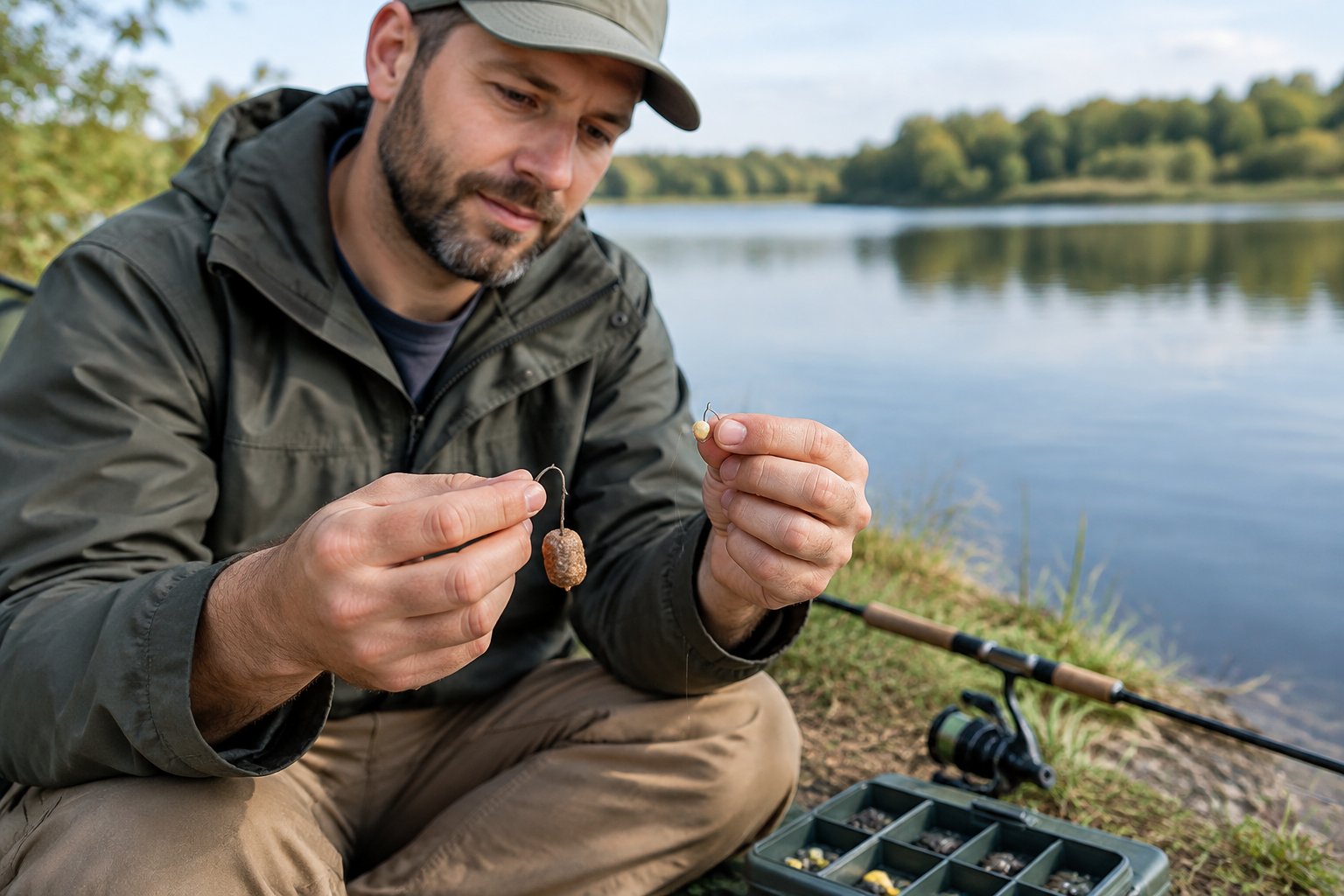 An angler beside a lake switches to a smaller hook and bait.