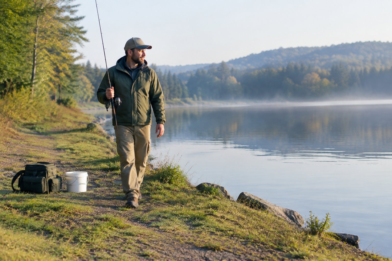An angler leaves a quiet fishing spot and walks along the shore with a fishing rod.
