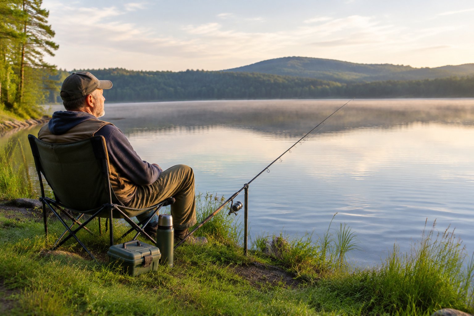 An angler relaxes beside a quiet lake with a fishing rod and tackle box.