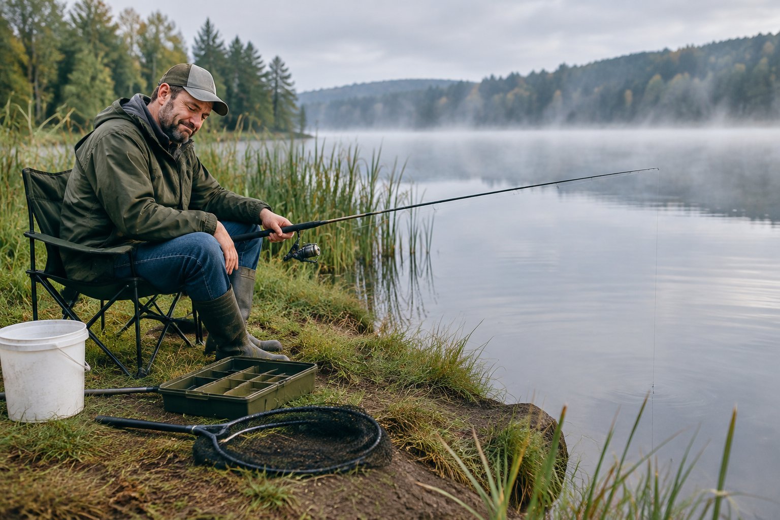 An angler sits beside a quiet lake with an empty tackle box and a fishing rod.