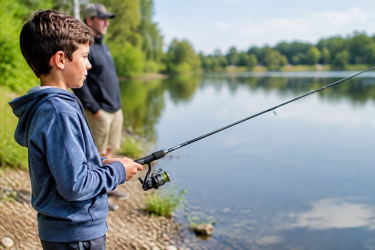 A young person holds a fishing rod beside a calm lake.