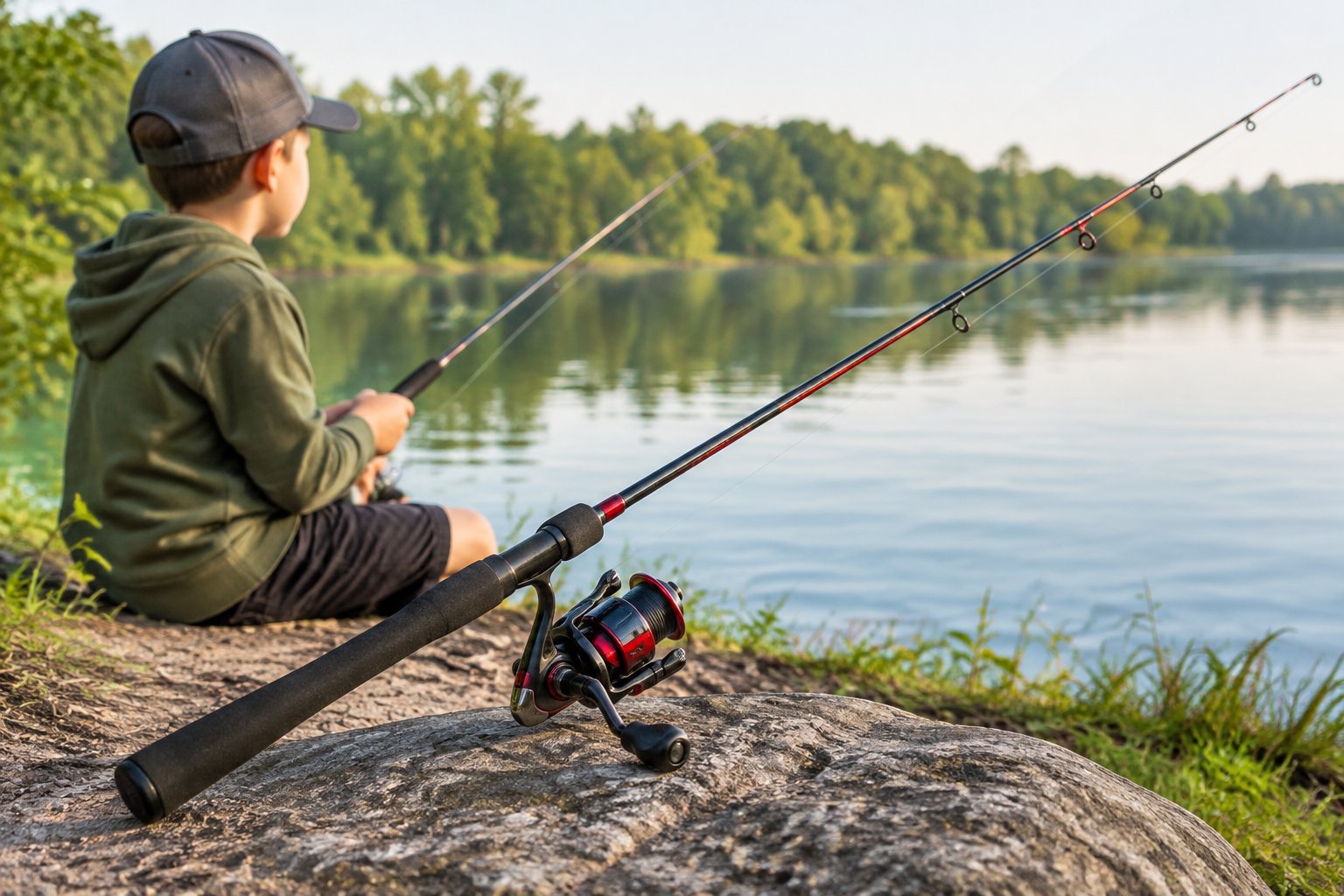 A child holds a fishing rod beside a calm lake.
