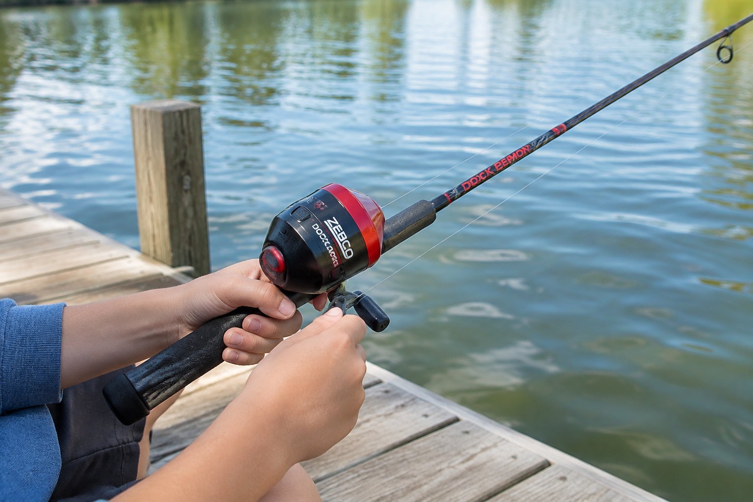 A young angler holds a compact fishing rod beside a calm dock.