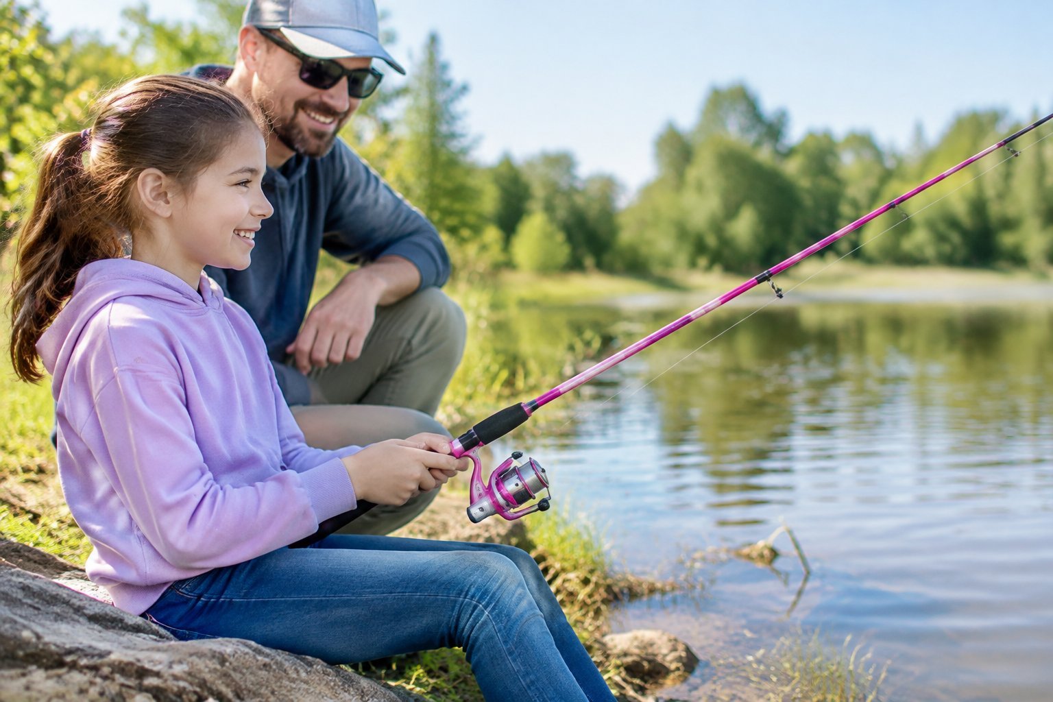 A young angler holds a fishing rod beside a calm lake.