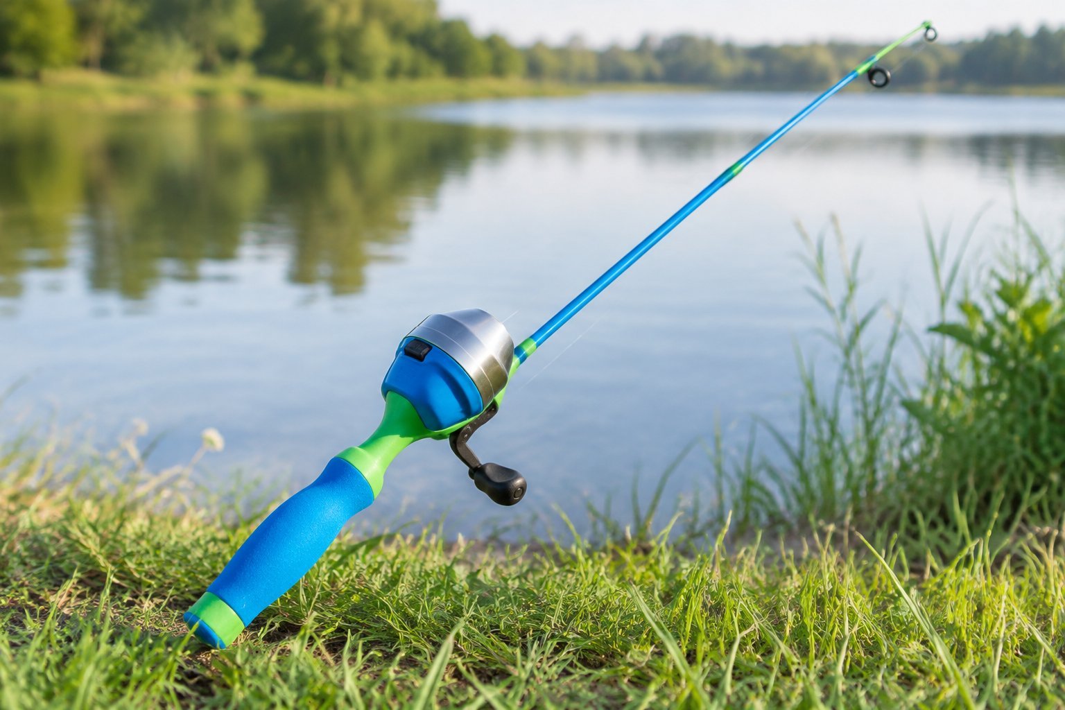 A youth fishing rod and spincast reel beside a calm lake.