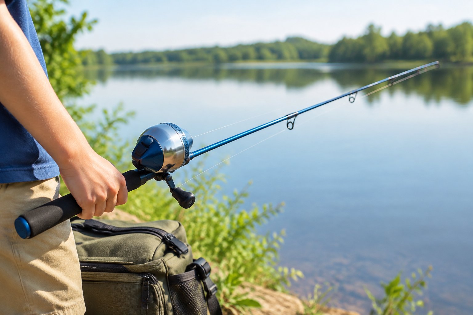 A compact fishing rod and reel beside a calm lake.