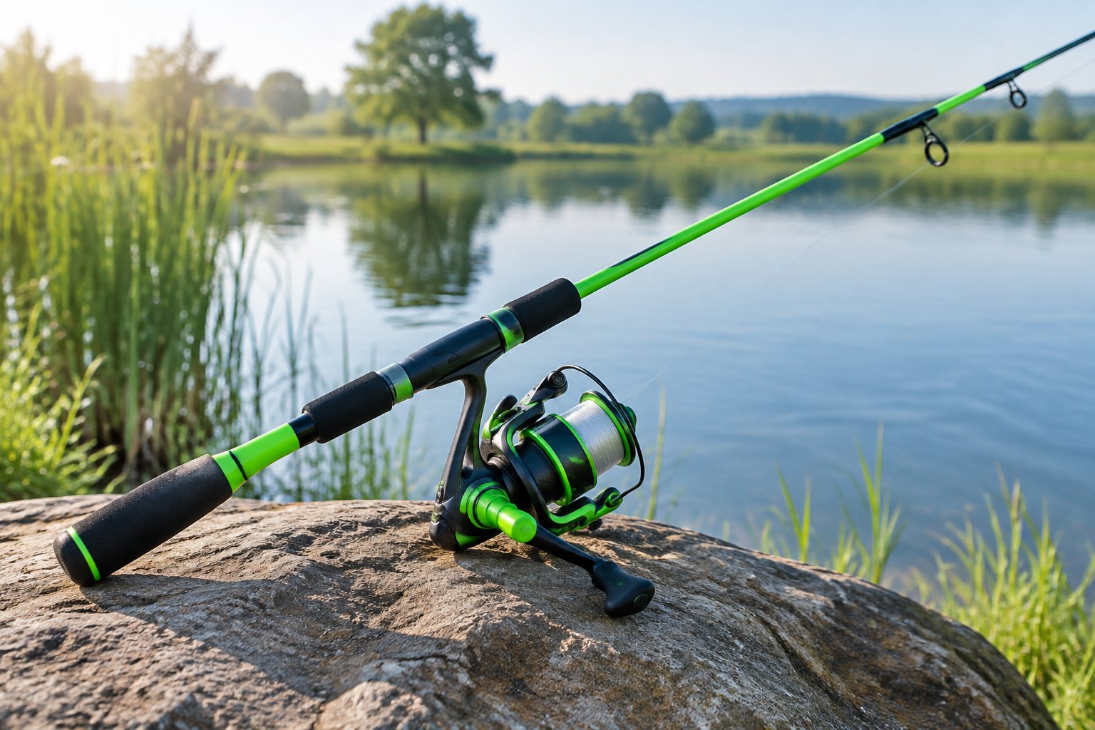 A youth fishing rod and spinning reel beside a calm pond.