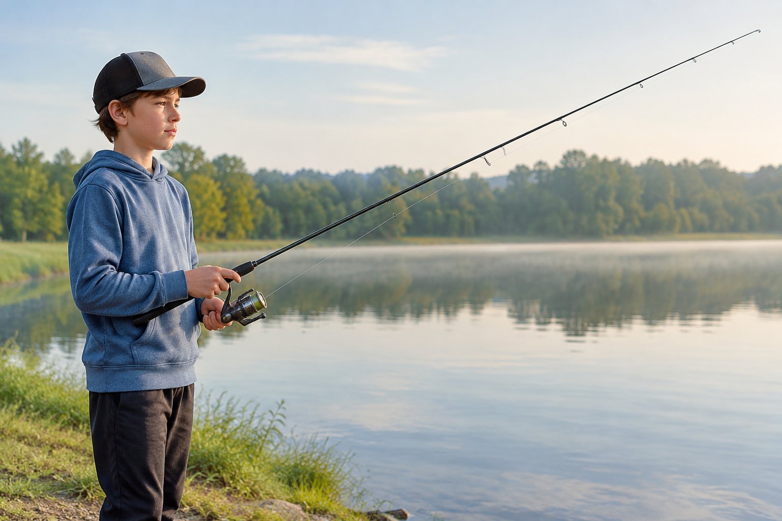 A young angler holds a fishing rod beside a calm lake.