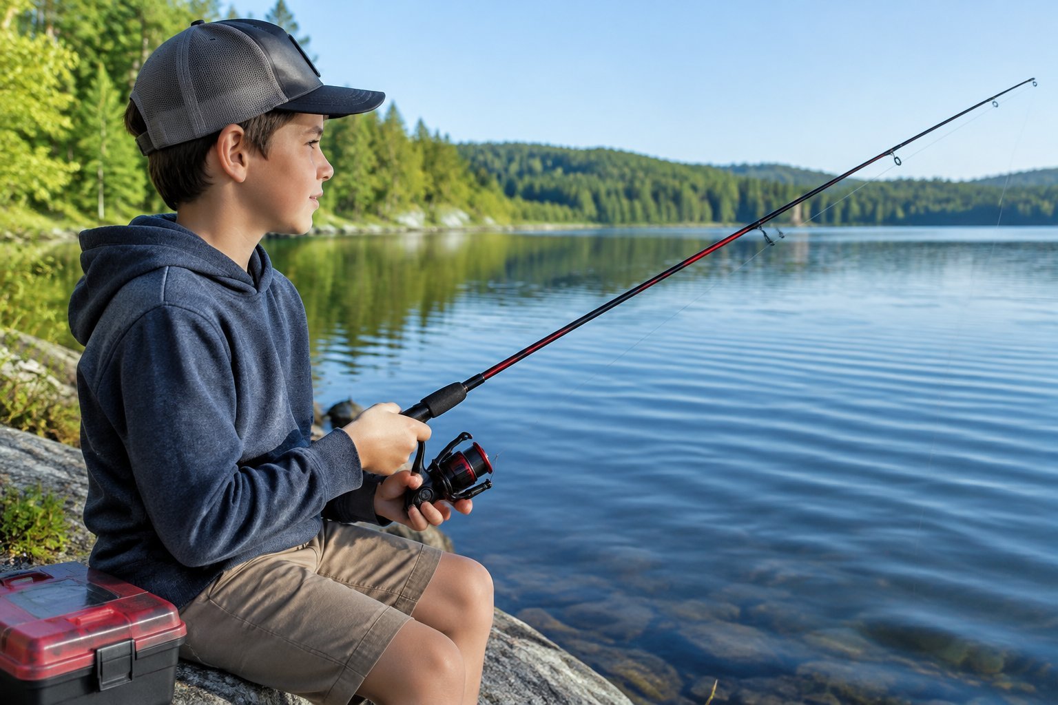 A young angler holds a fishing rod beside a lake.